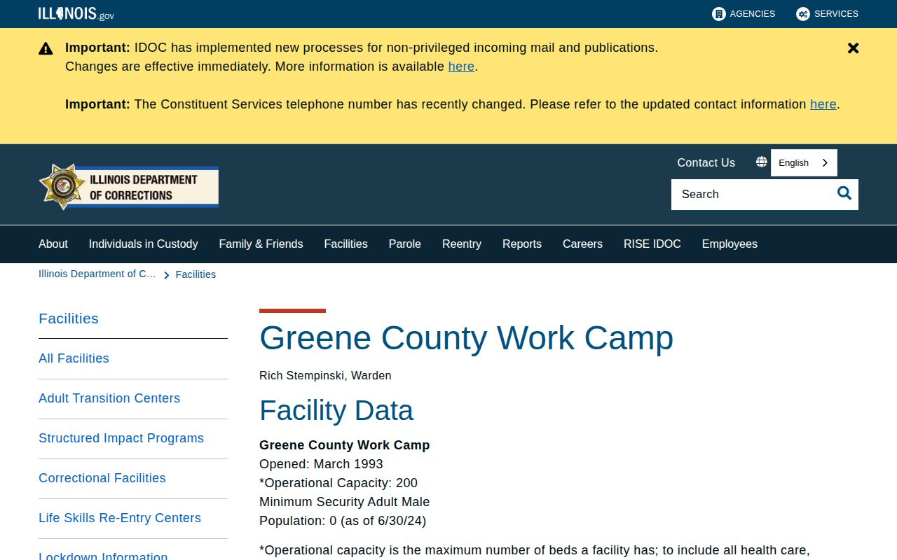 Official IDOC Greene County Work Camp facility page