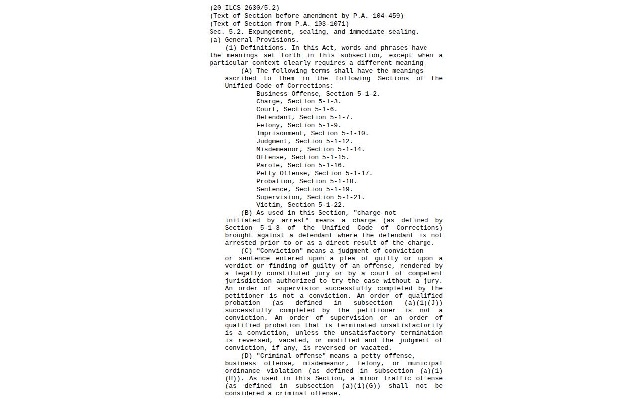 Illinois statute page governing expungement and sealing of arrest records